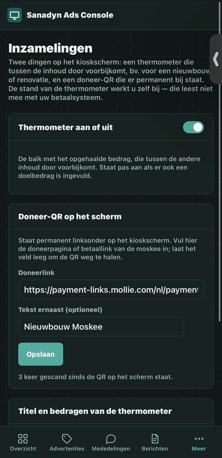 Inzamelingen: de thermometer aan of uit, en de doneerlink voor de QR-code op het scherm met het aantal keer gescand