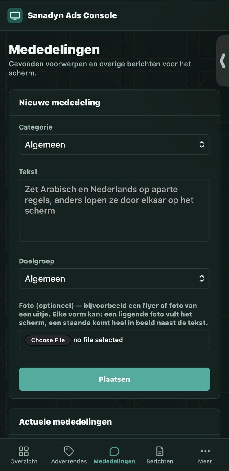Formulier voor een nieuwe mededeling: categorie, tekst, doelgroep en een foto of flyer