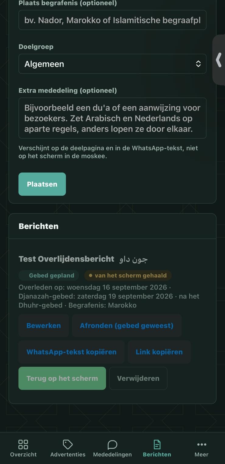Een geplaatst overlijdensbericht met knoppen om de WhatsApp-tekst en de link te kopiëren